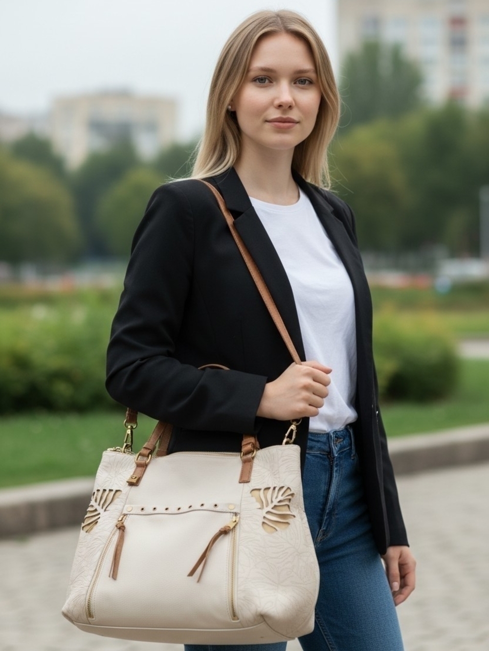 The Sak White Leather Monstera Leaf Cutout Tote
